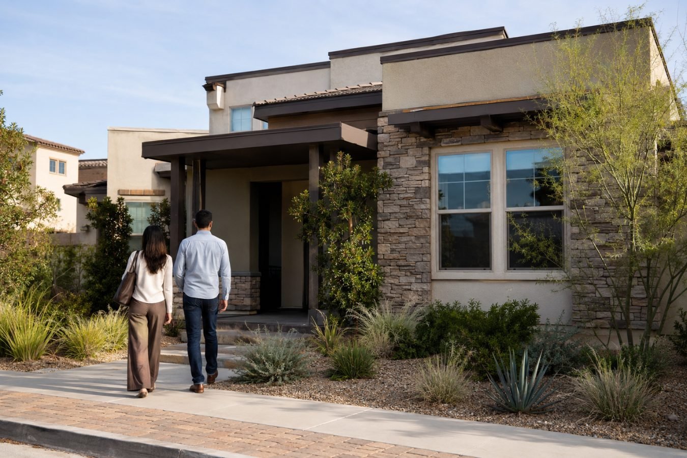 A couple walking up to the front door of a single-story home in a desert community.