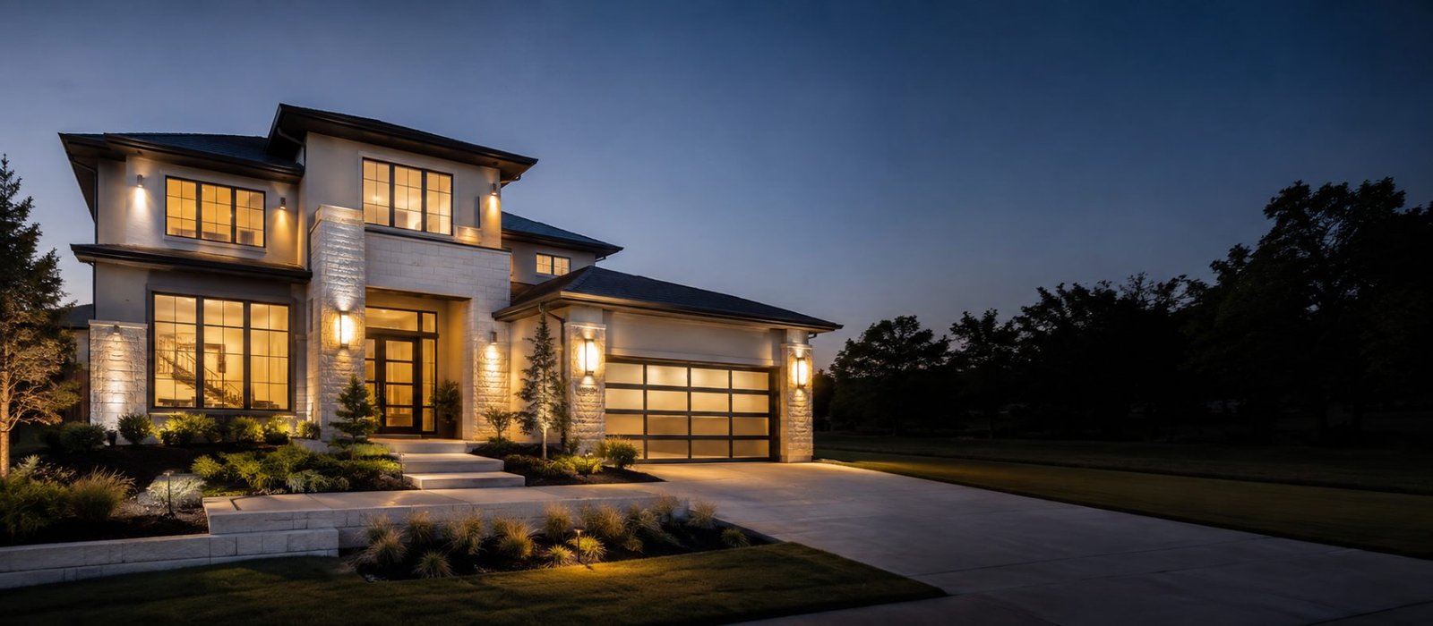 A two-story transitional home glowing at dusk, its entry walk and landscape lighting warm against a deep blue sky.