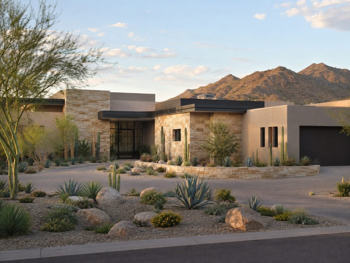 A contemporary stone-and-stucco desert residence in the Phoenix foothills at golden hour.