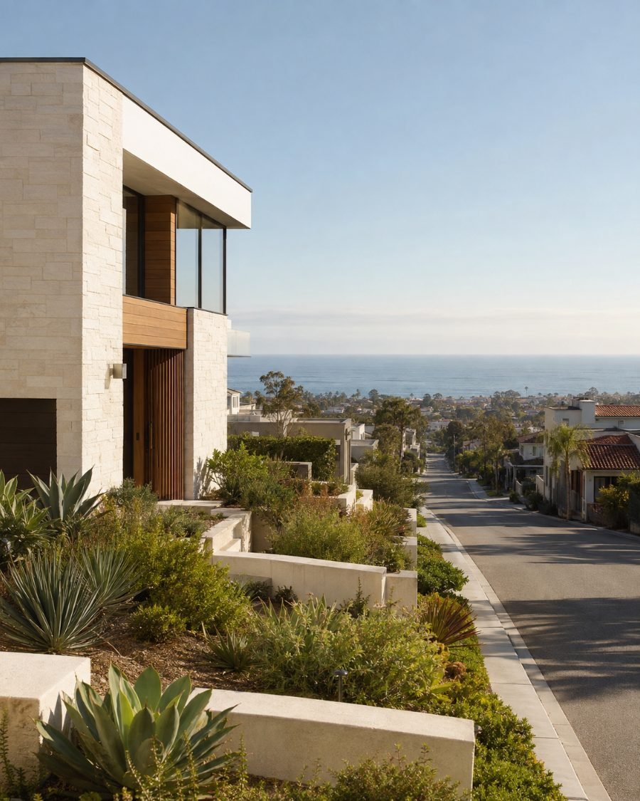 A coastal Southern California street descending toward the ocean past contemporary residences.