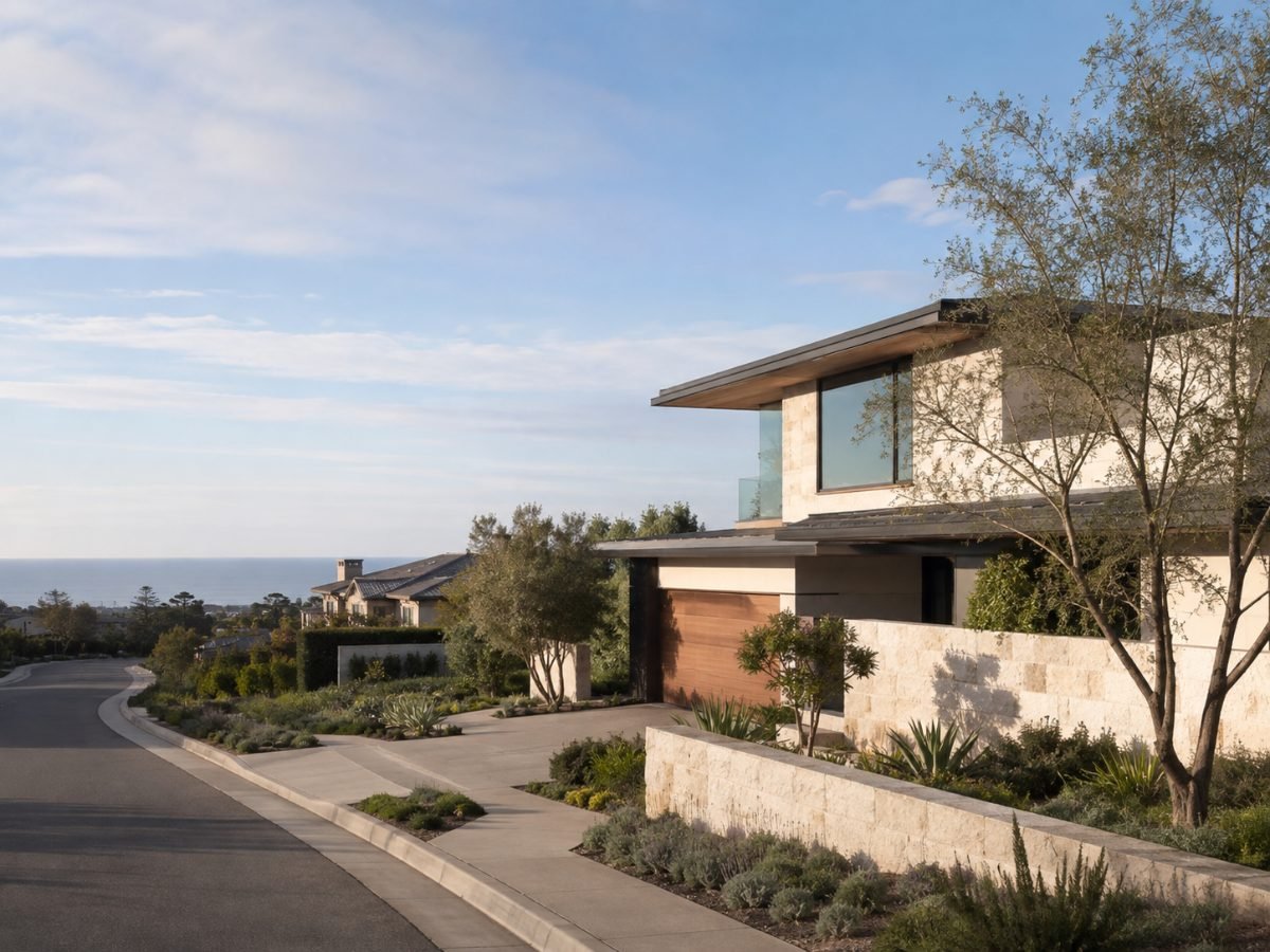 A coastal Southern California residence on a hillside street with the ocean in the distance.