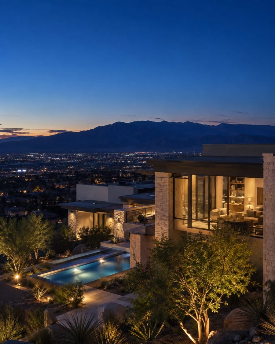 A hillside Las Vegas residence at dusk, its pool and terrace above the lights of the valley.