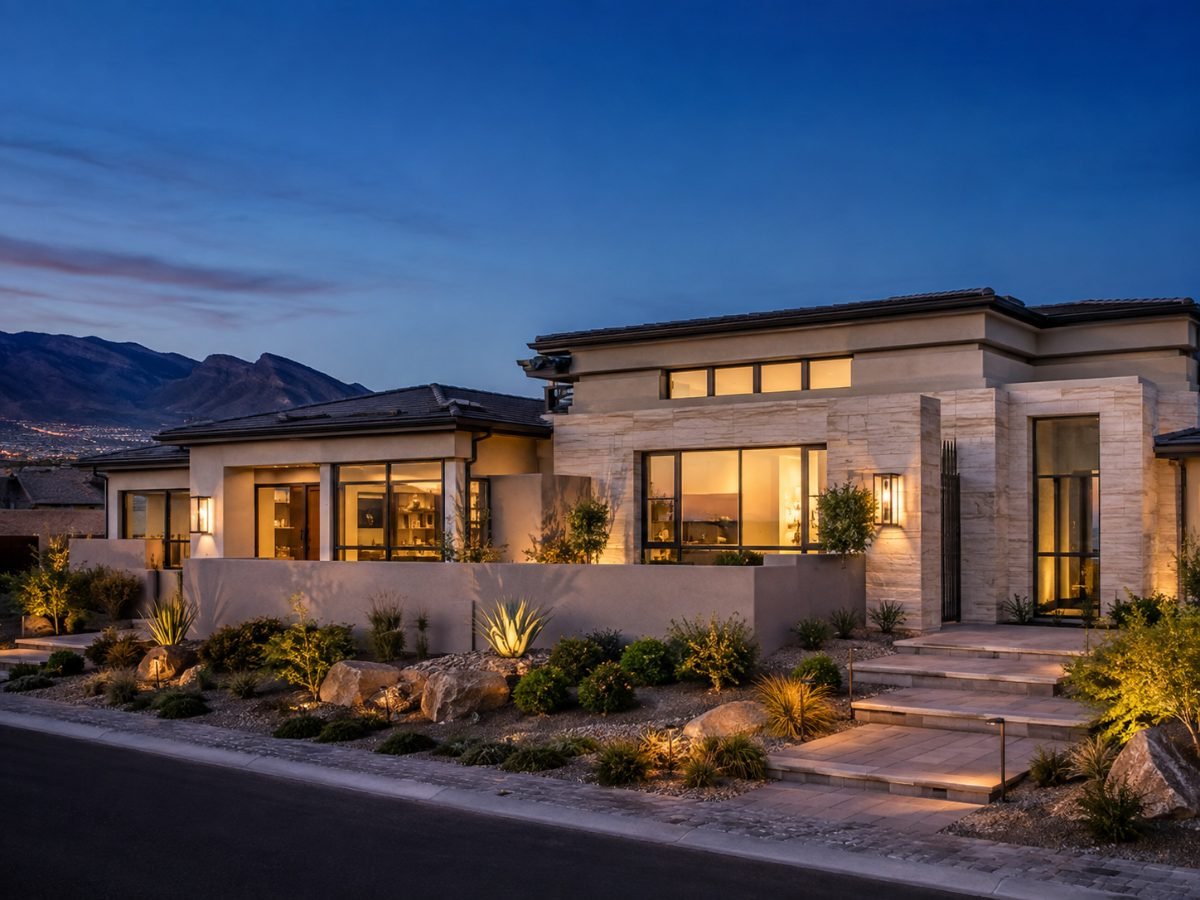 A modern single-story Las Vegas home lit at dusk with the valley and mountains beyond.