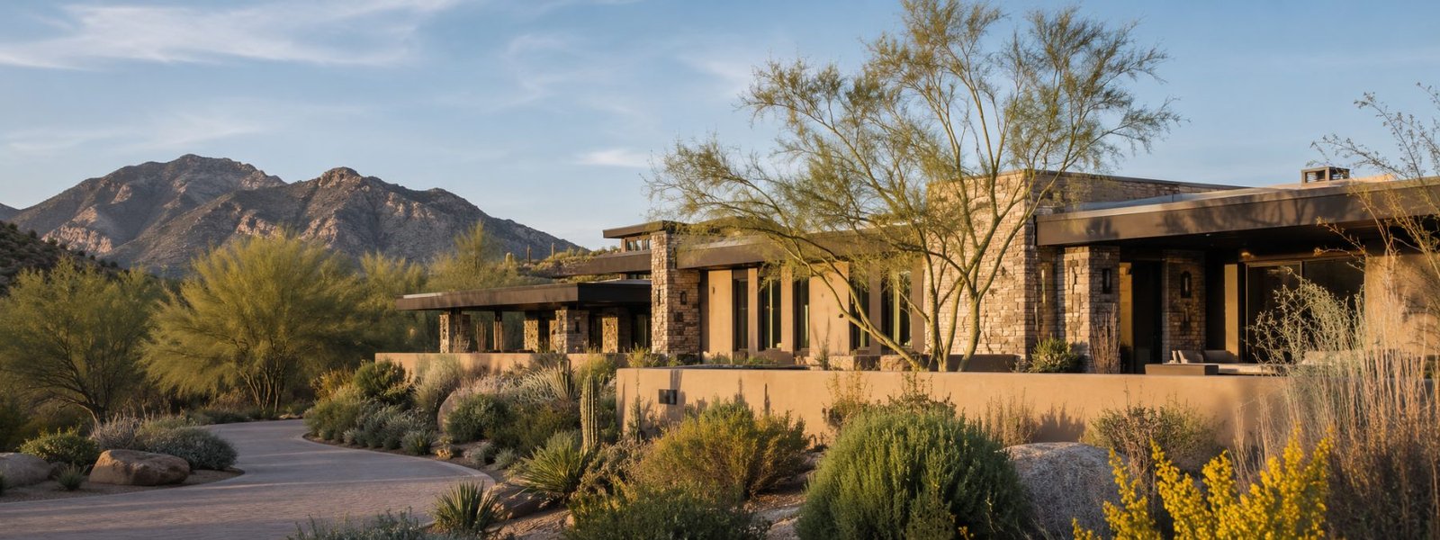 A low desert residence set among palo verde and native planting with mountains behind at golden hour.