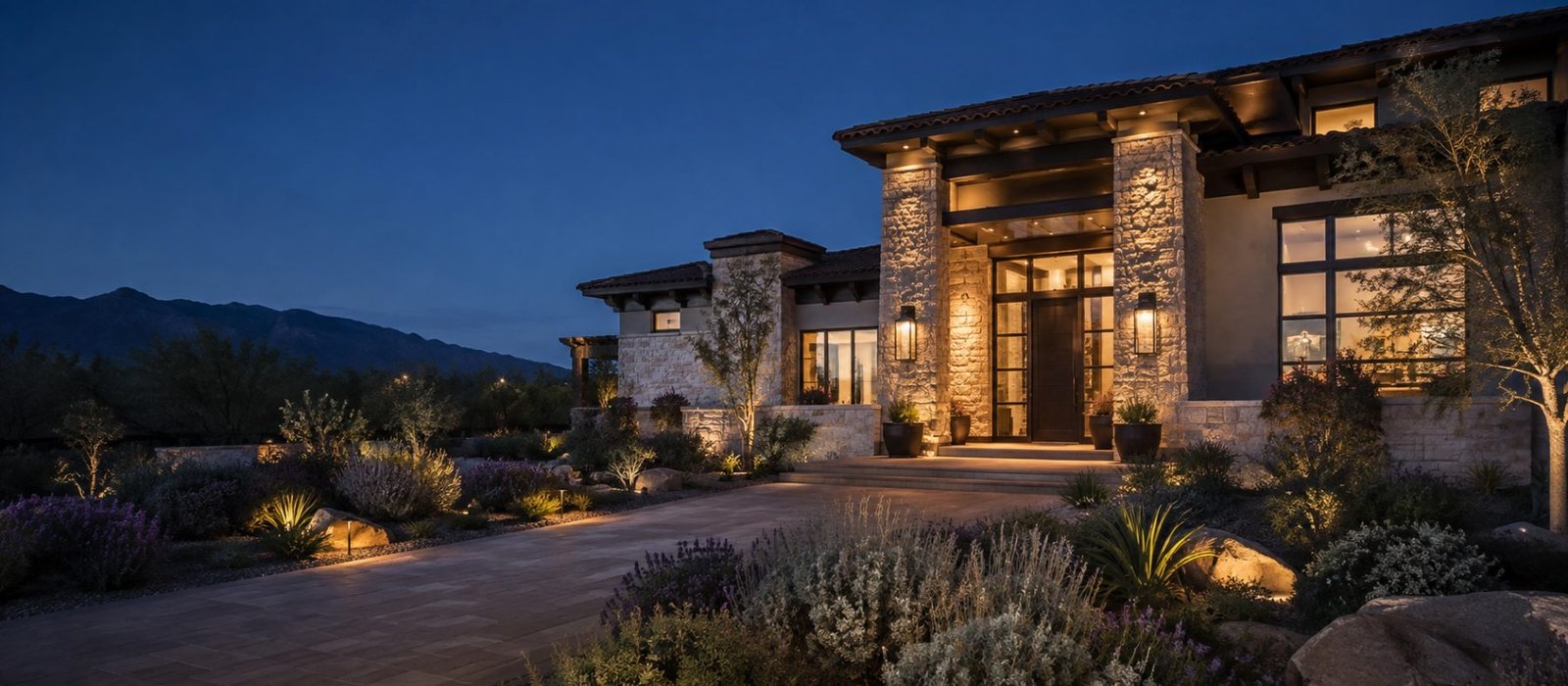 A stone-columned estate entry photographed at blue hour, lit for listing photography.