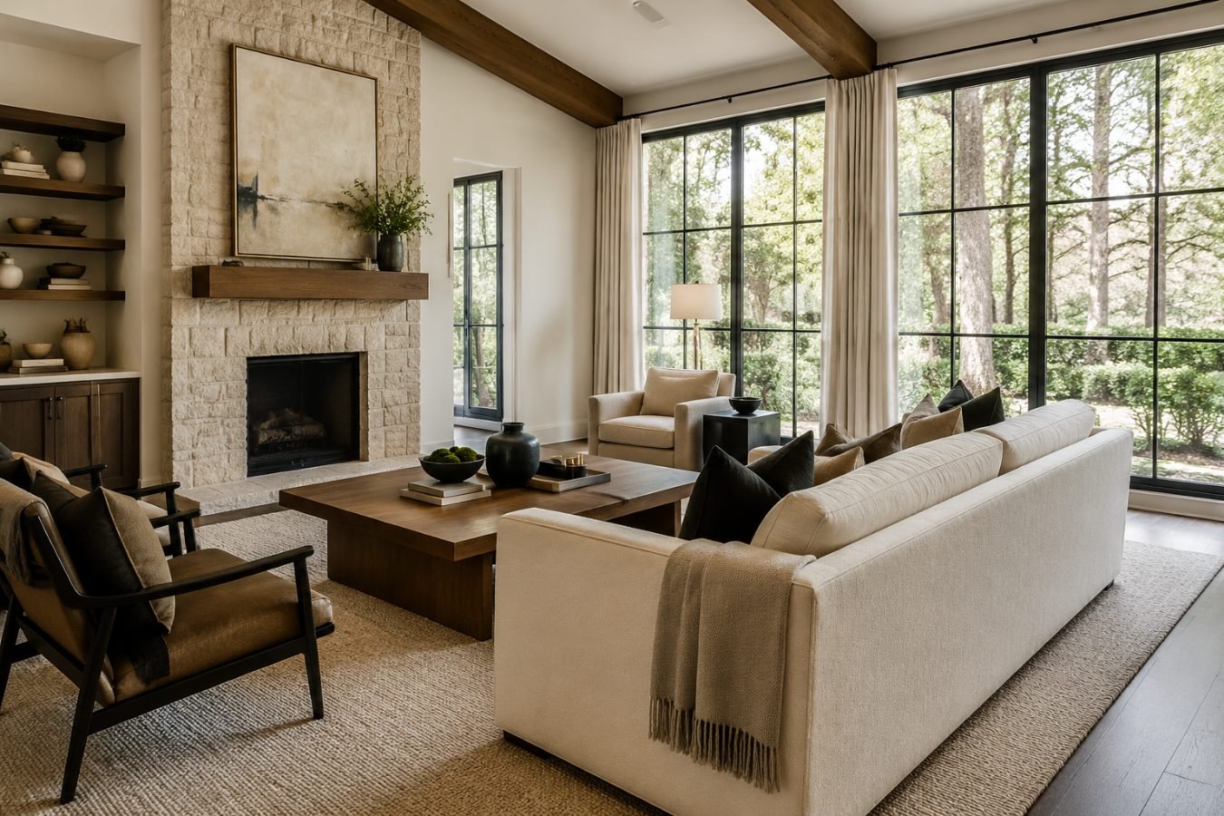 A staged living room with a stone fireplace, neutral upholstery and tall steel-framed windows.