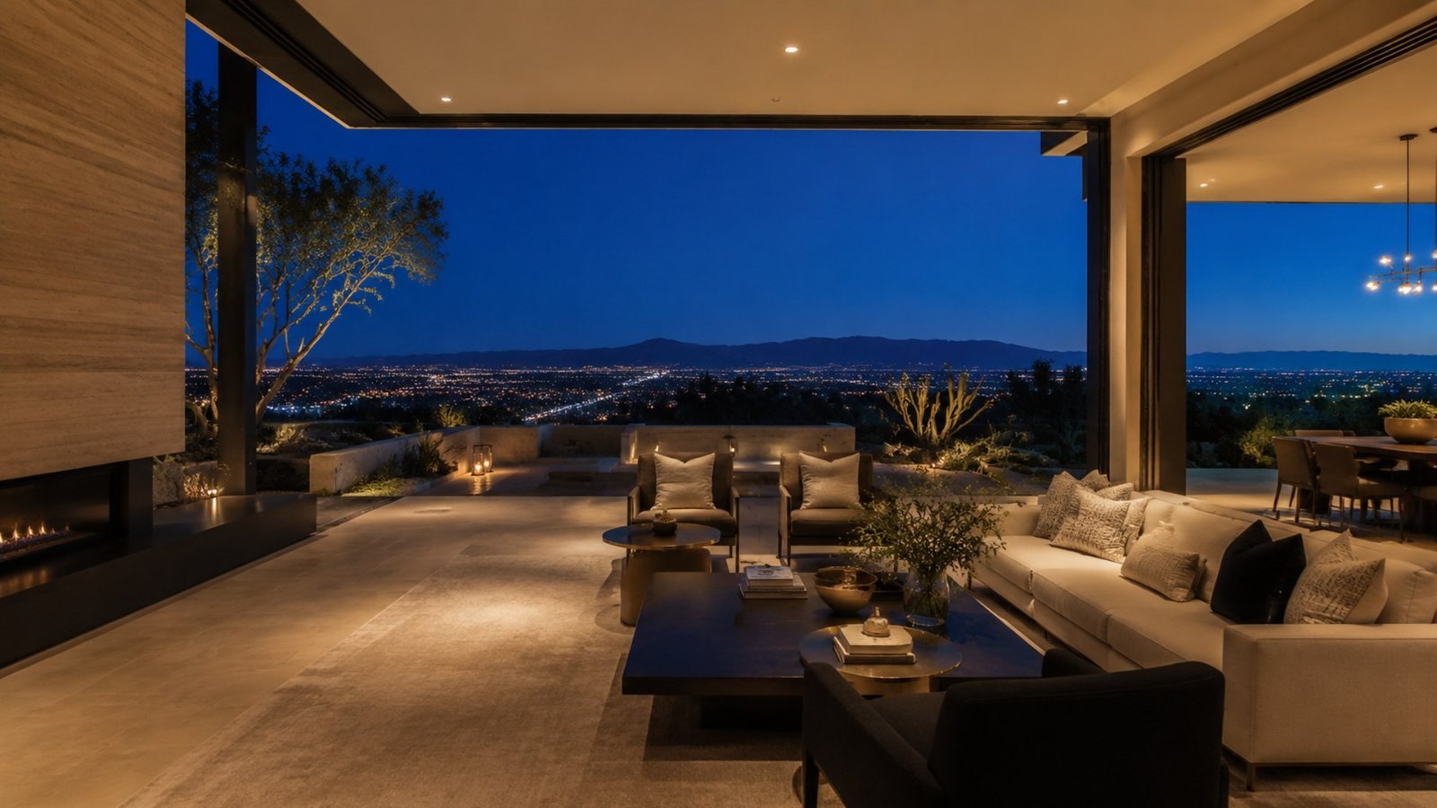 A covered terrace open to the lights of the valley at dusk, where Marilena meets relocating clients.