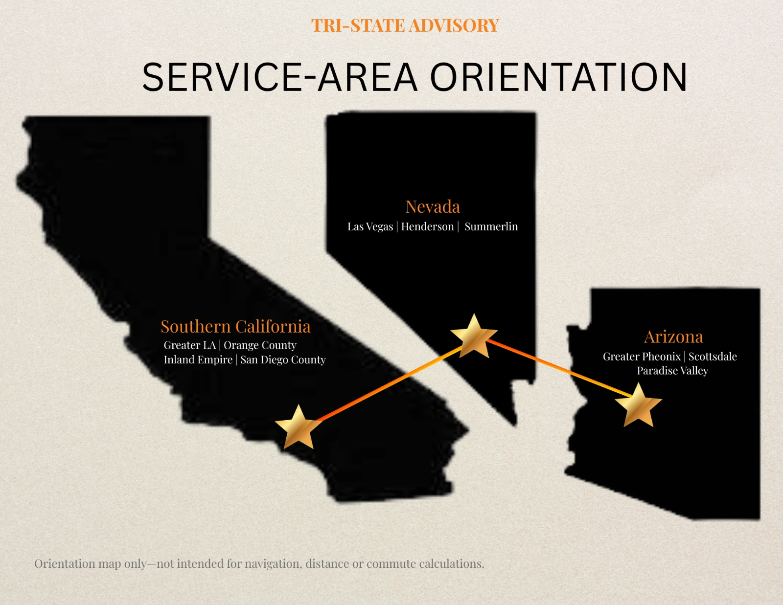Orientation map of California, Nevada and Arizona marking the Southern California, Las Vegas and Greater Phoenix service areas.